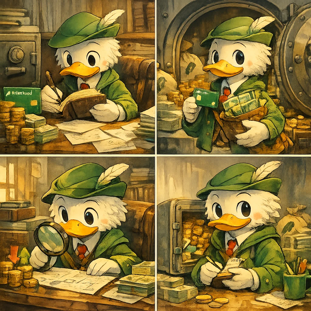Four storybook scenes of McDuckling keeping ledgers and guarding a vault